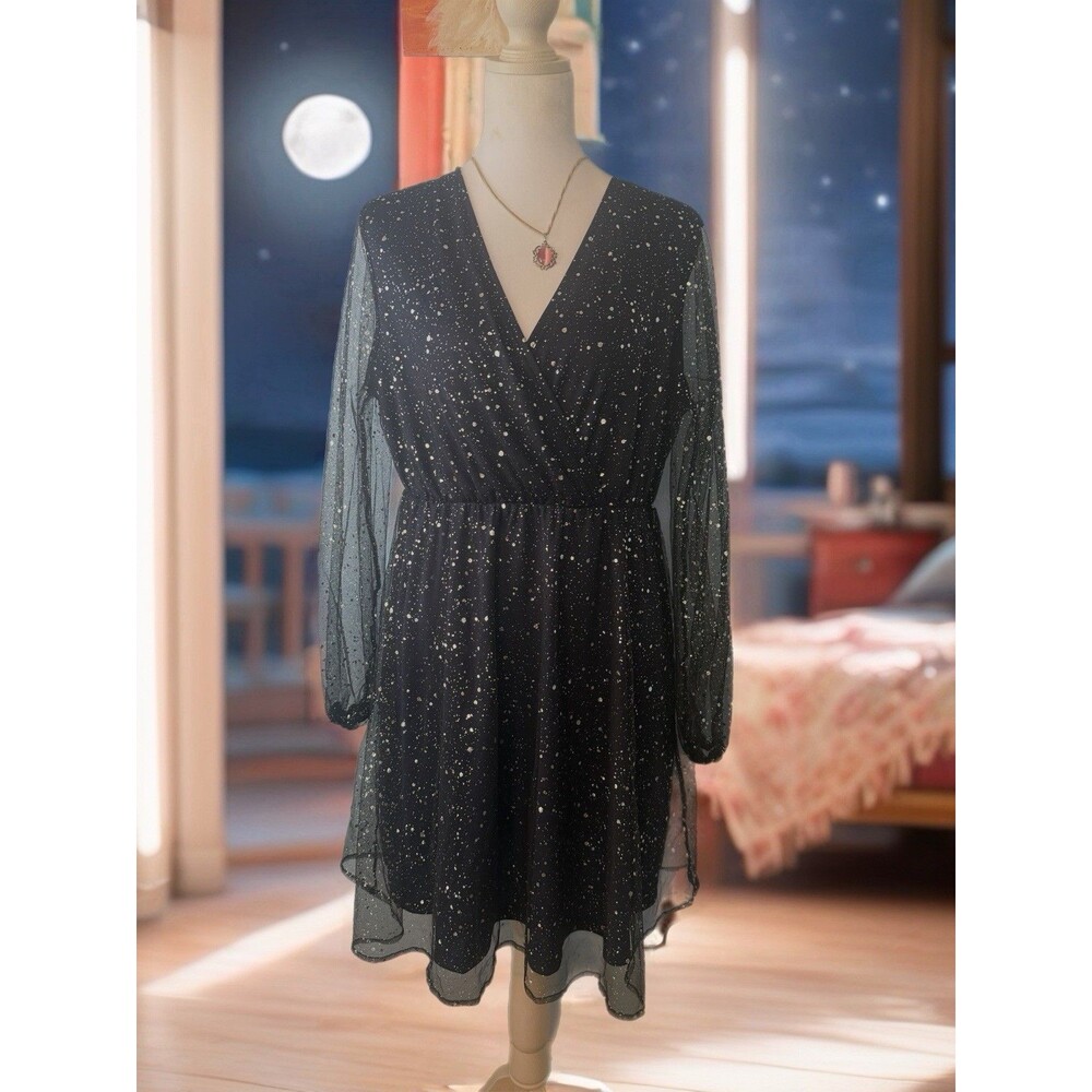 Celestial starry mesh mini dress black silver whimsigoth NWT